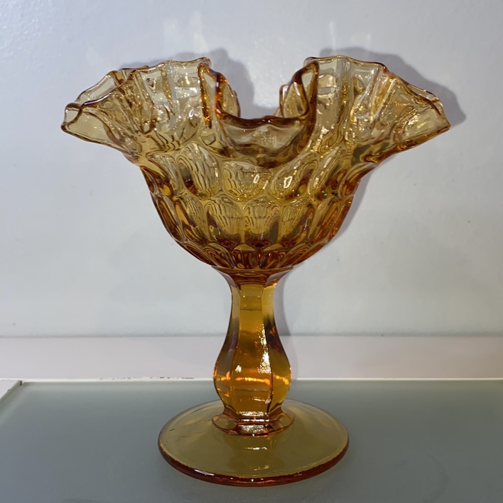 Fenton Vintage Amber Ruffled Edge Thumbprint Candy Dish/Pedestal Glass Dish 1950